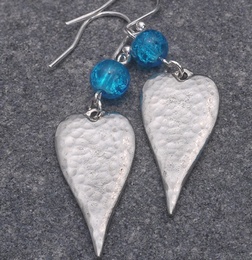Long Heart Earrings with Blue Crackle Bead